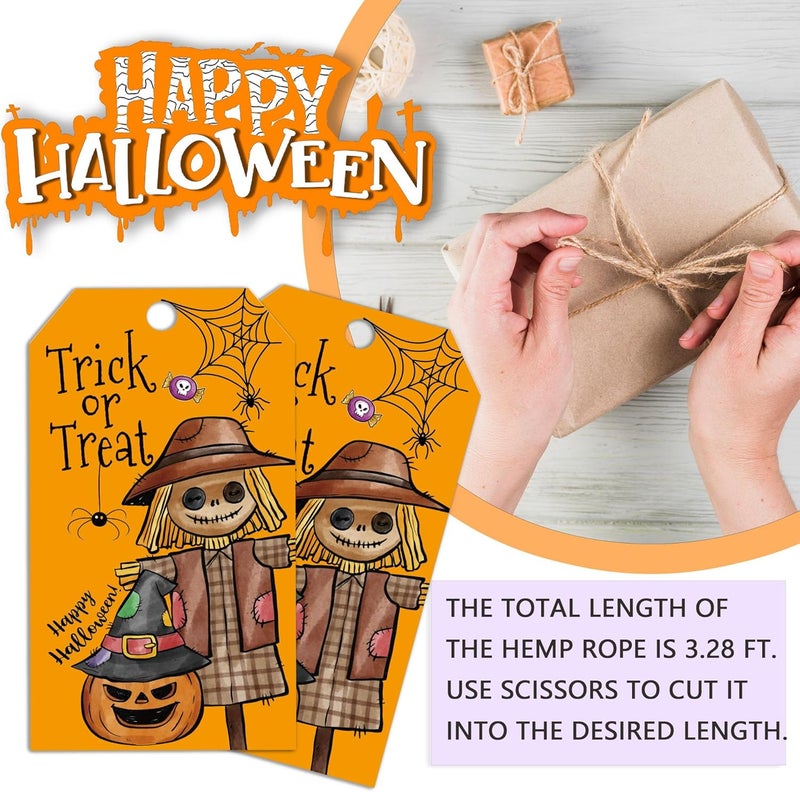 RPLCSPC Yellow Halloween Paper Gift Tags with String-50Pcs,Trick Or Treat for You Happy Halloween Tags for Goodie Bags, 2 x 3.5 Inch Waterproof Hanging Labels for Decor Party Supplies, Gift Wrapping-B06 - Image 3